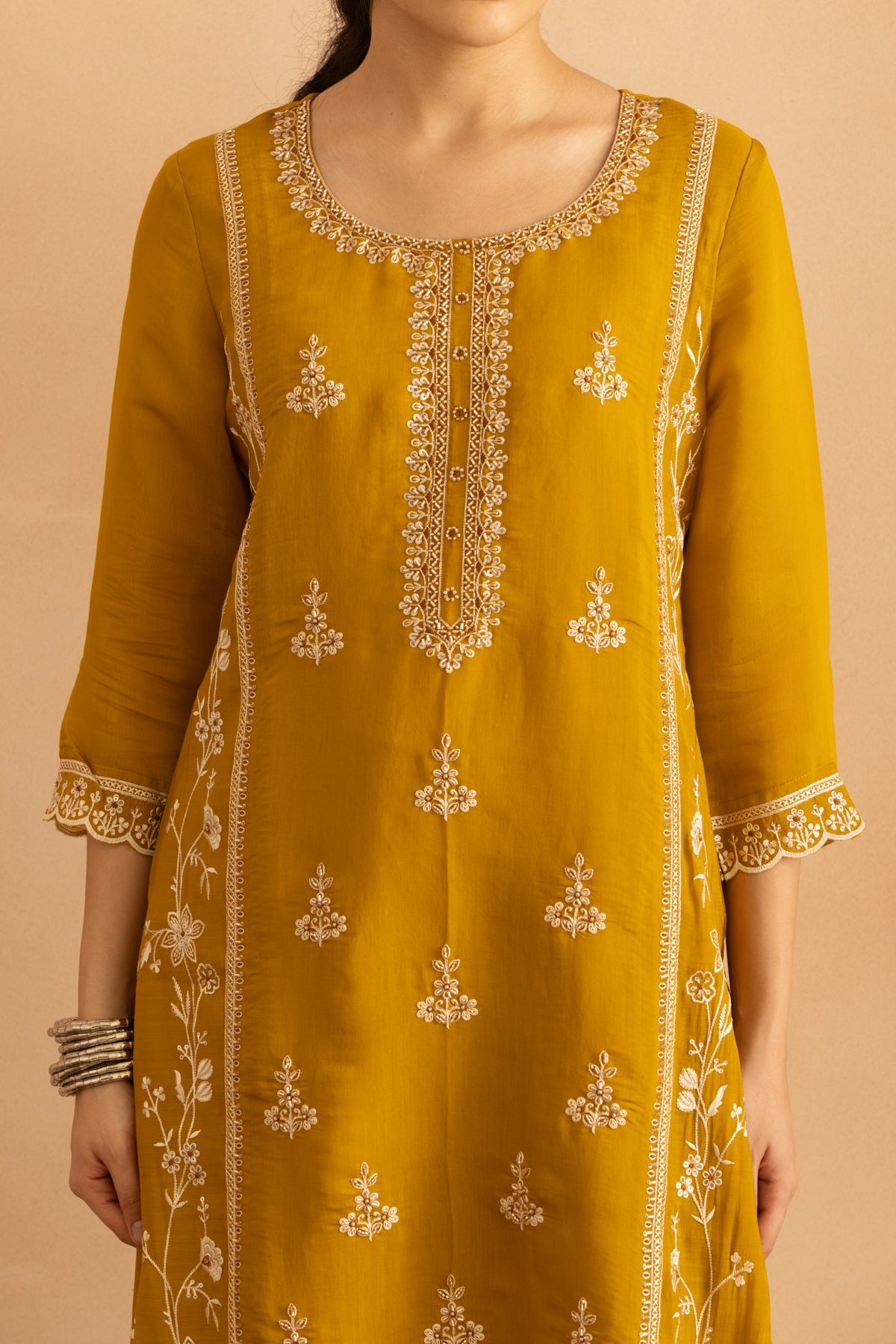 Mustard Stone Embroidered Kurta 3 Pcs Set
