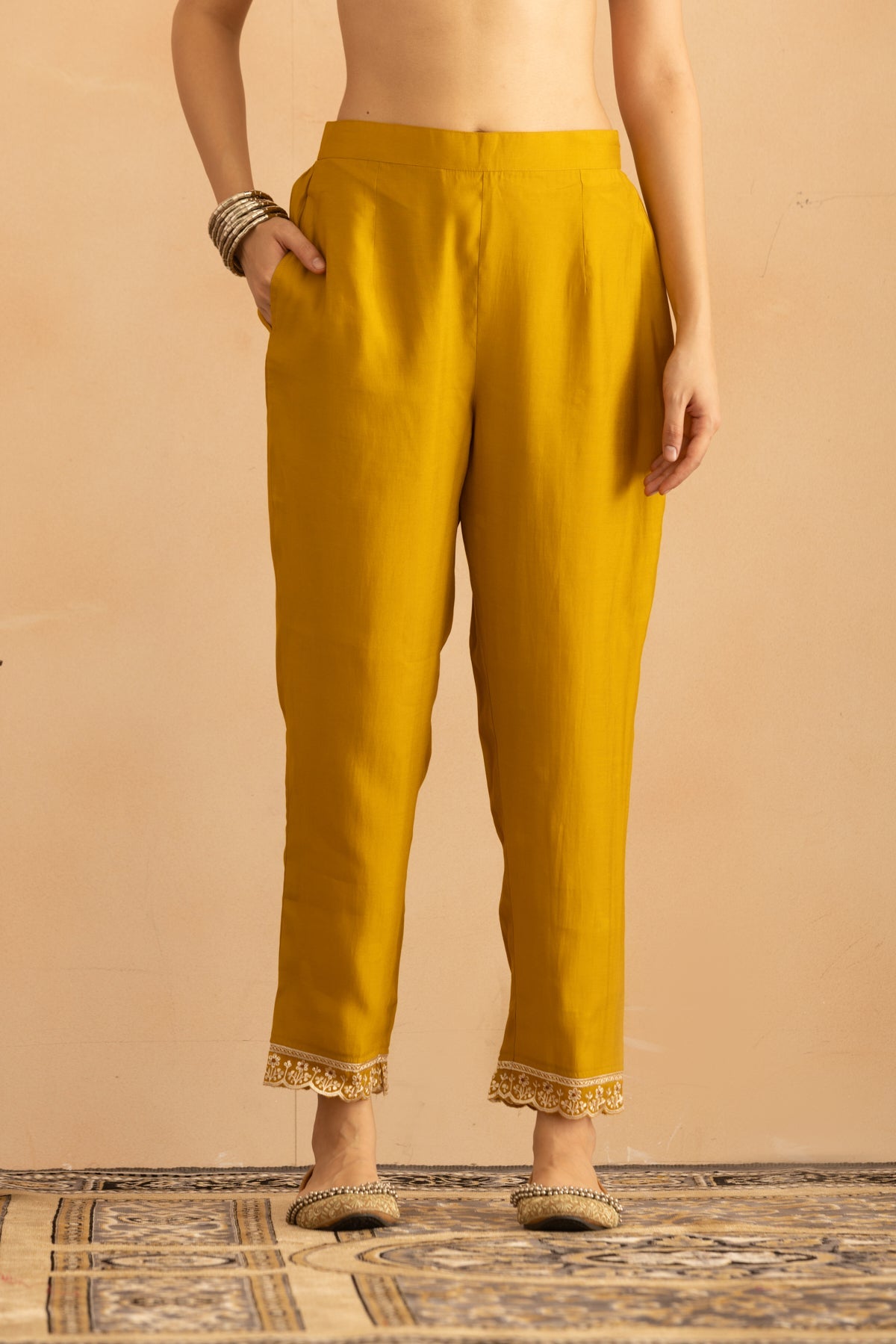 Mustard Stone Embroidered Kurta 3 Pcs Set