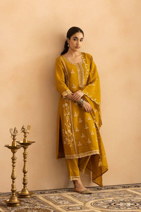 Mustard Stone Embroidered Kurta 3 Pcs Set