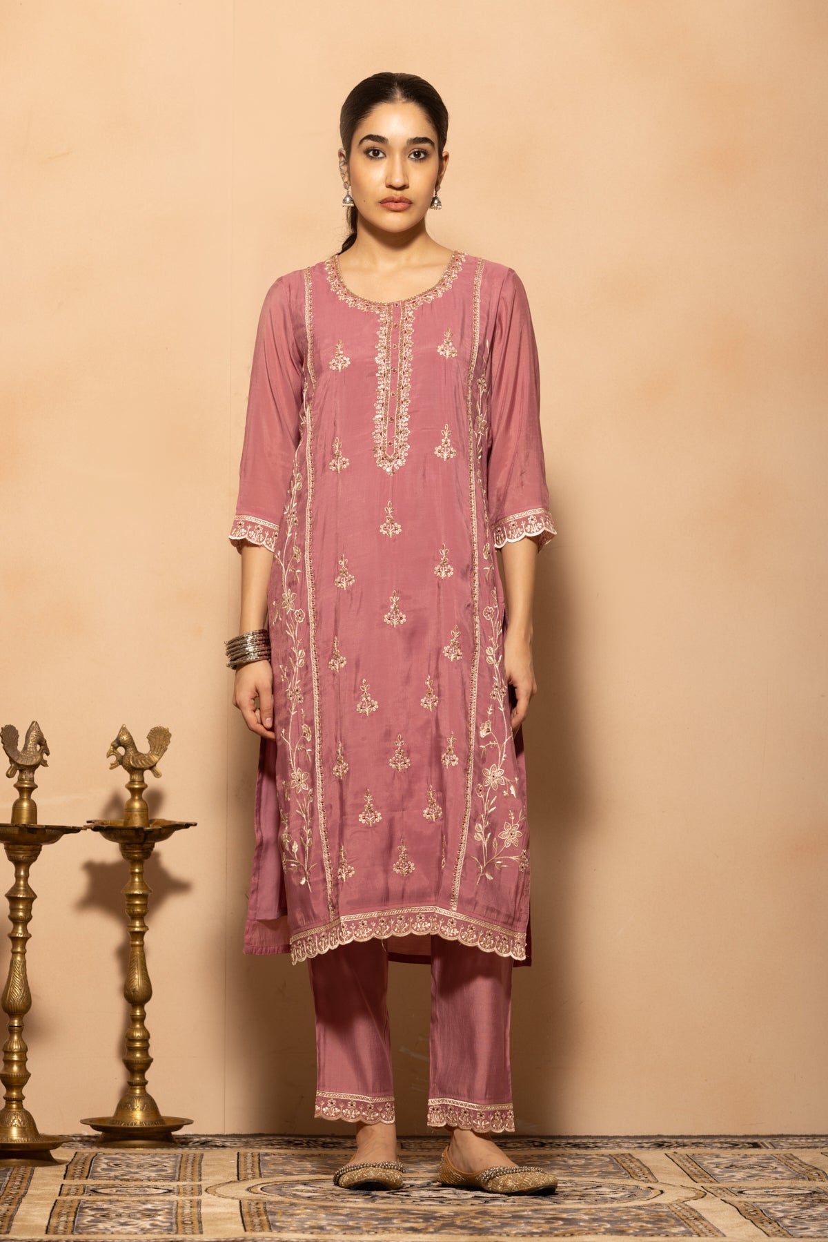 Soft Pink Stone Embroidered Kurta 3 Pcs Set