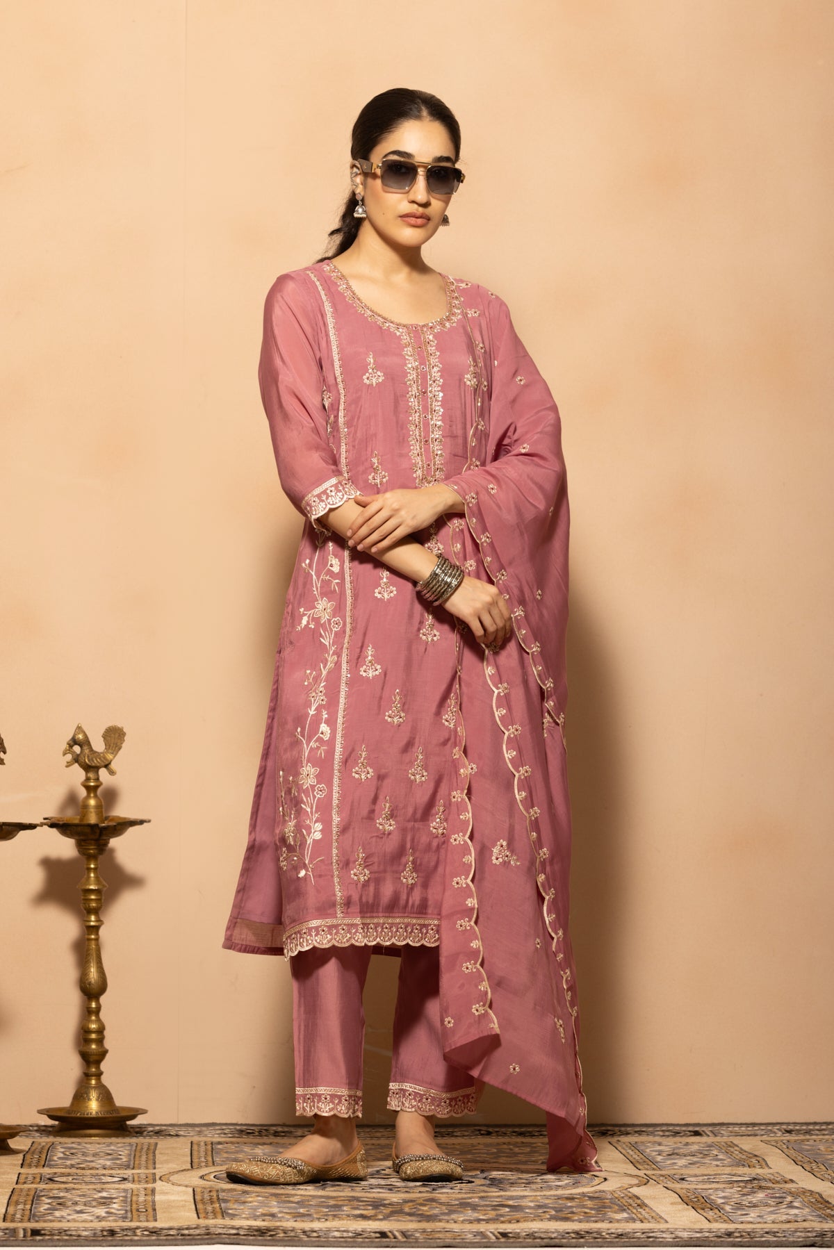 Soft Pink Stone Embroidered Kurta 3 Pcs Set