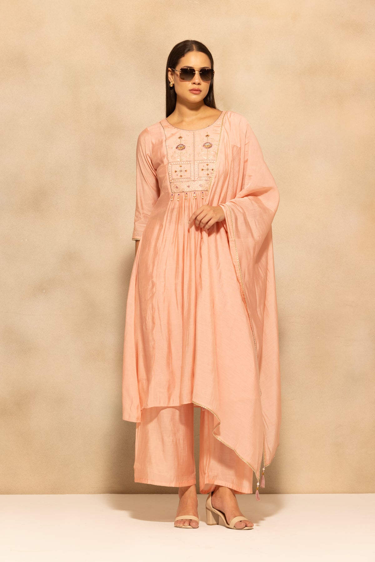 Peach Flared Embroidered Kurta 3 Pcs Set