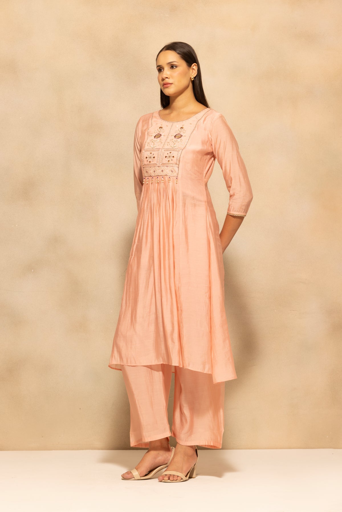 Peach Flared Embroidered Kurta 3 Pcs Set