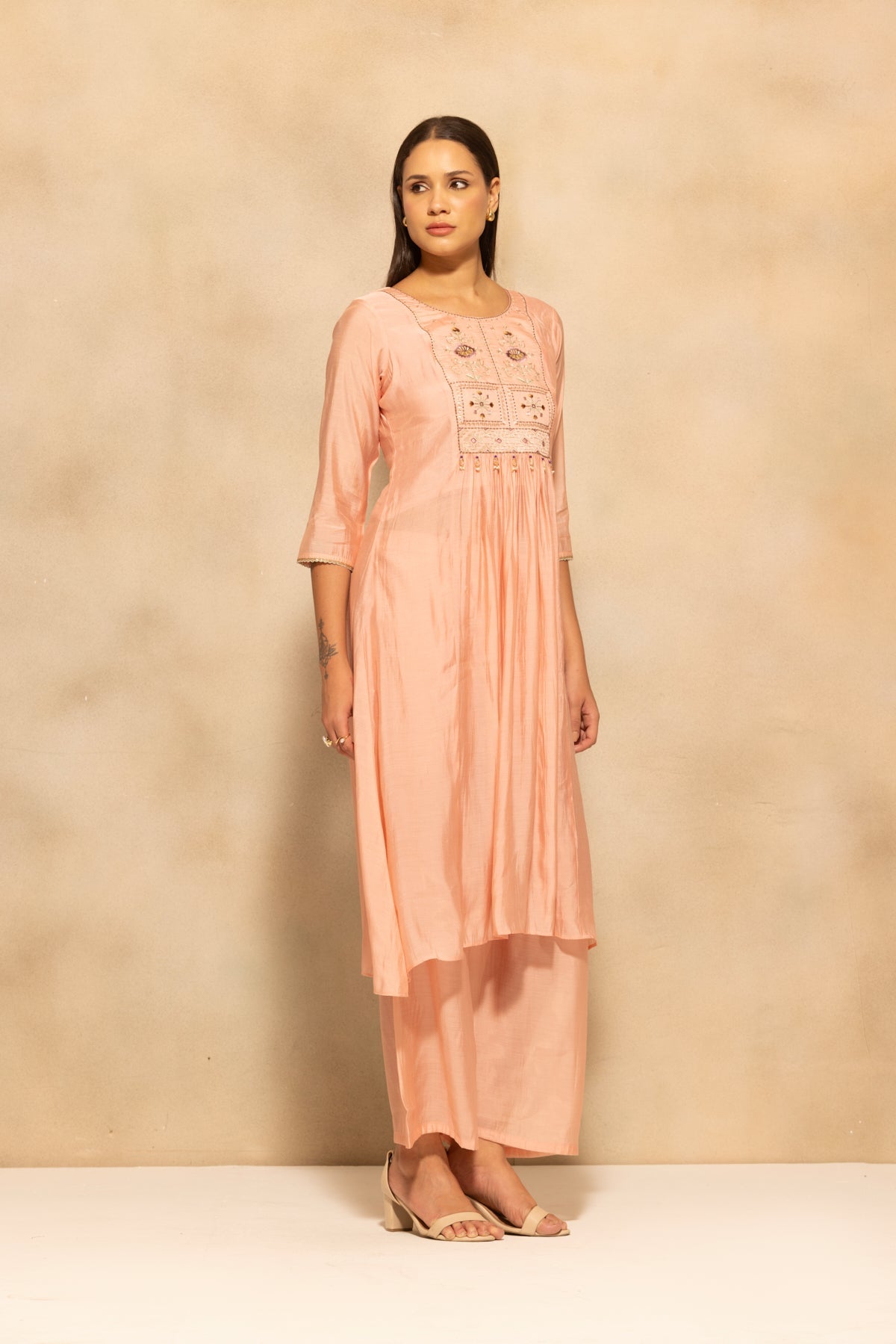 Peach Flared Embroidered Kurta 3 Pcs Set