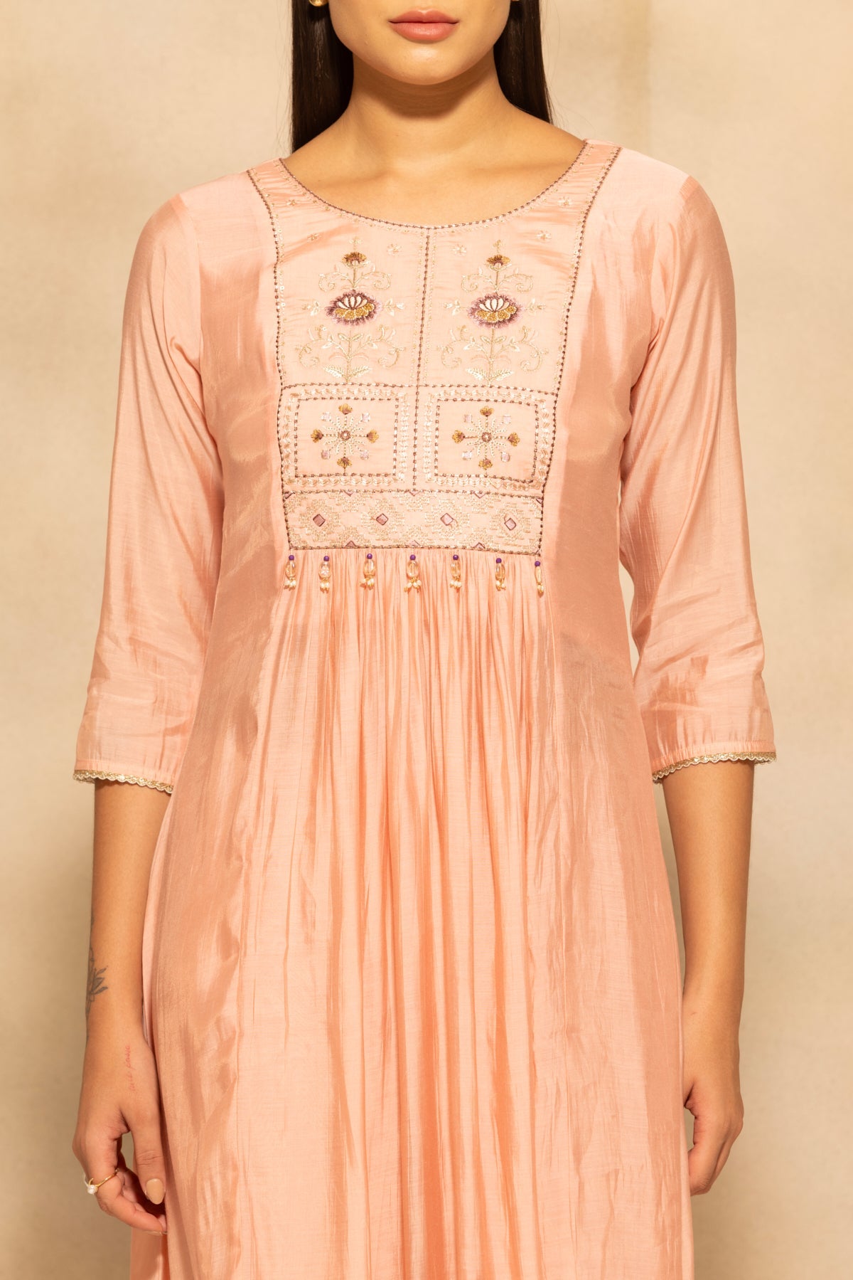 Peach Flared Embroidered Kurta 3 Pcs Set