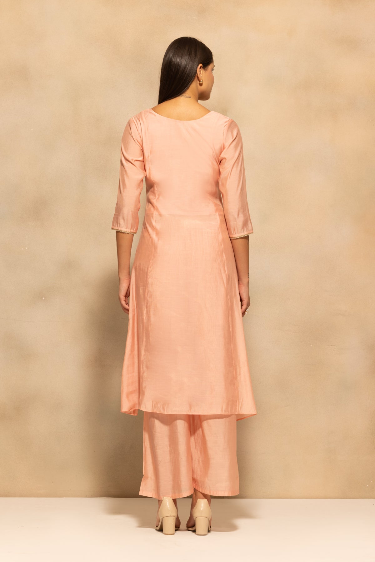 Peach Flared Embroidered Kurta 3 Pcs Set