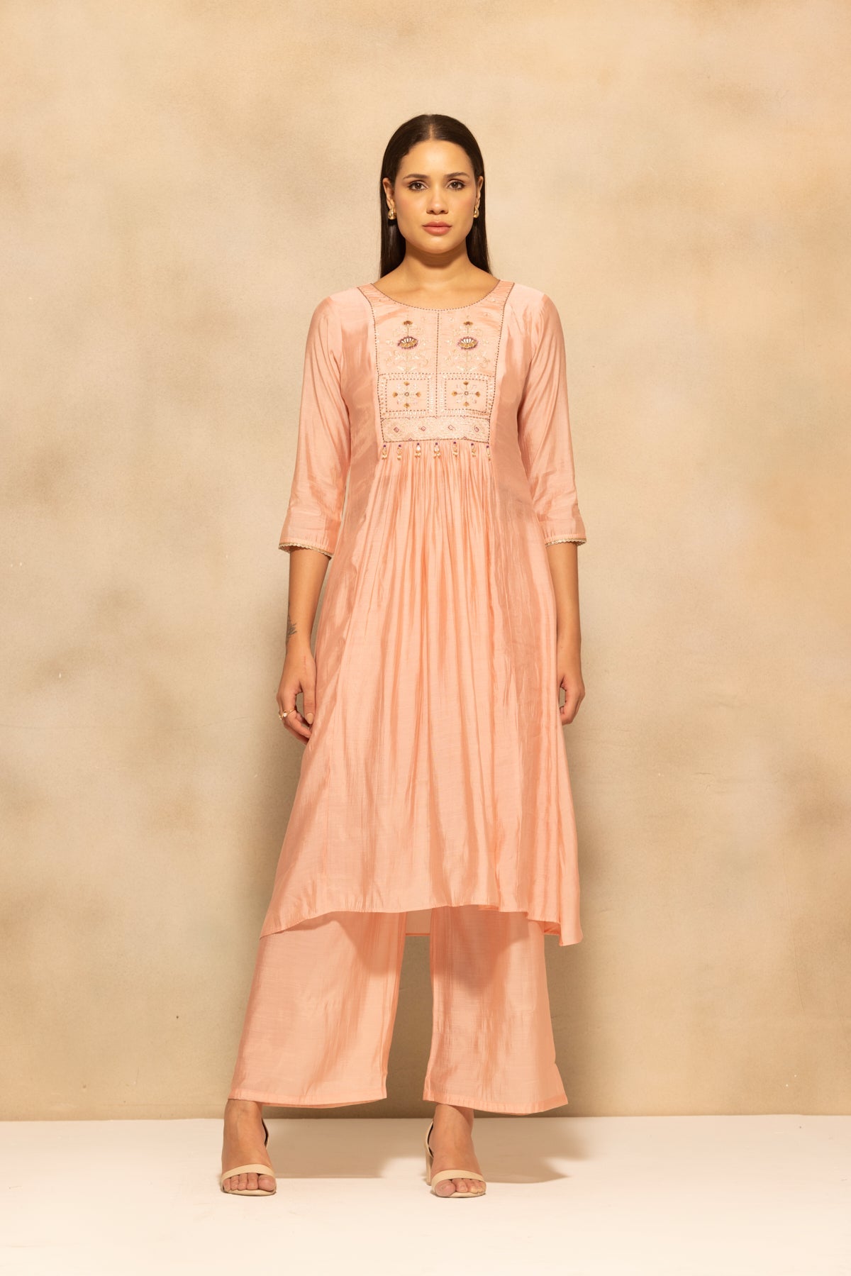 Peach Flared Embroidered Kurta 3 Pcs Set
