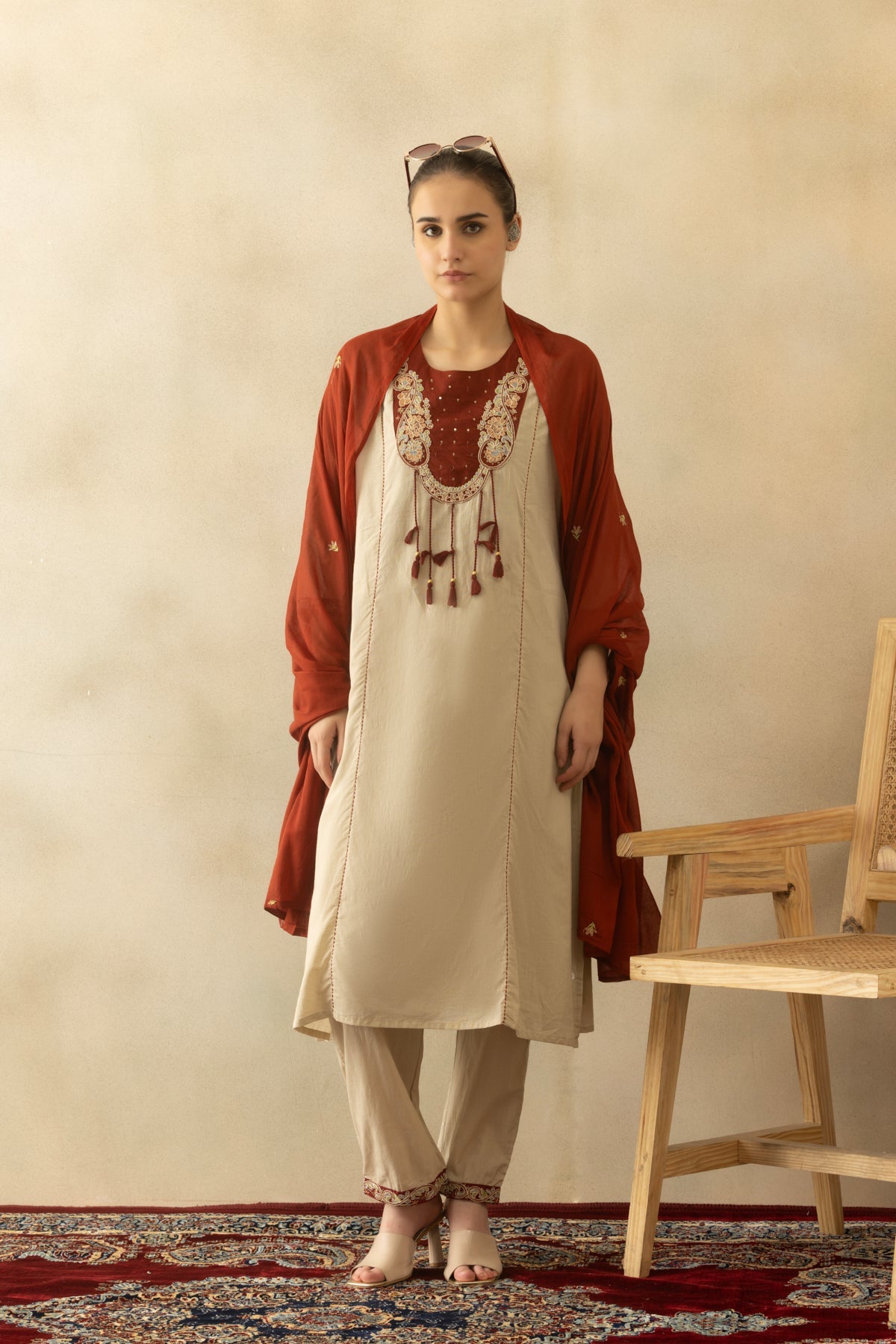 Beige Self Designed A-line Kurta 3 Pcs Set