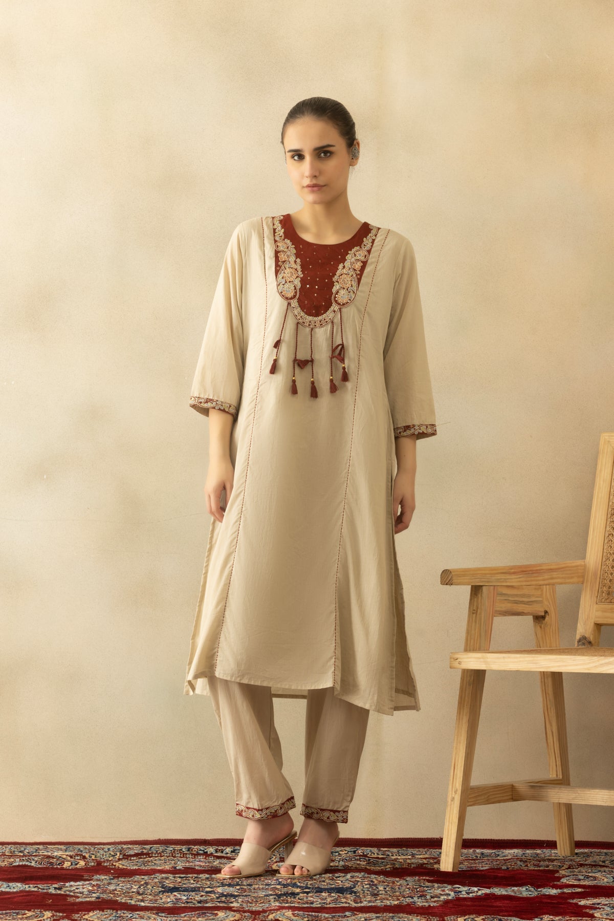 Beige Self Designed A-line Kurta 3 Pcs Set