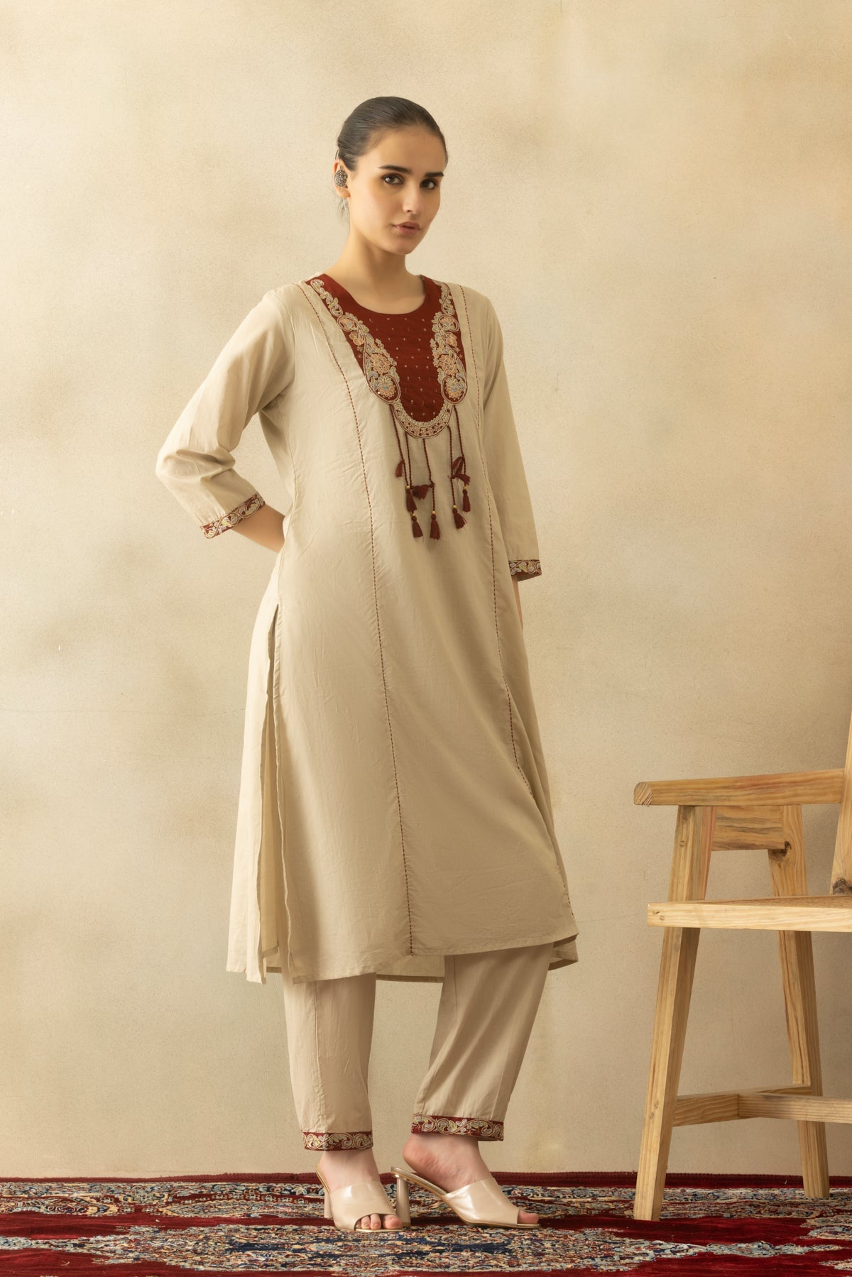 Beige Self Designed A-line Kurta 3 Pcs Set