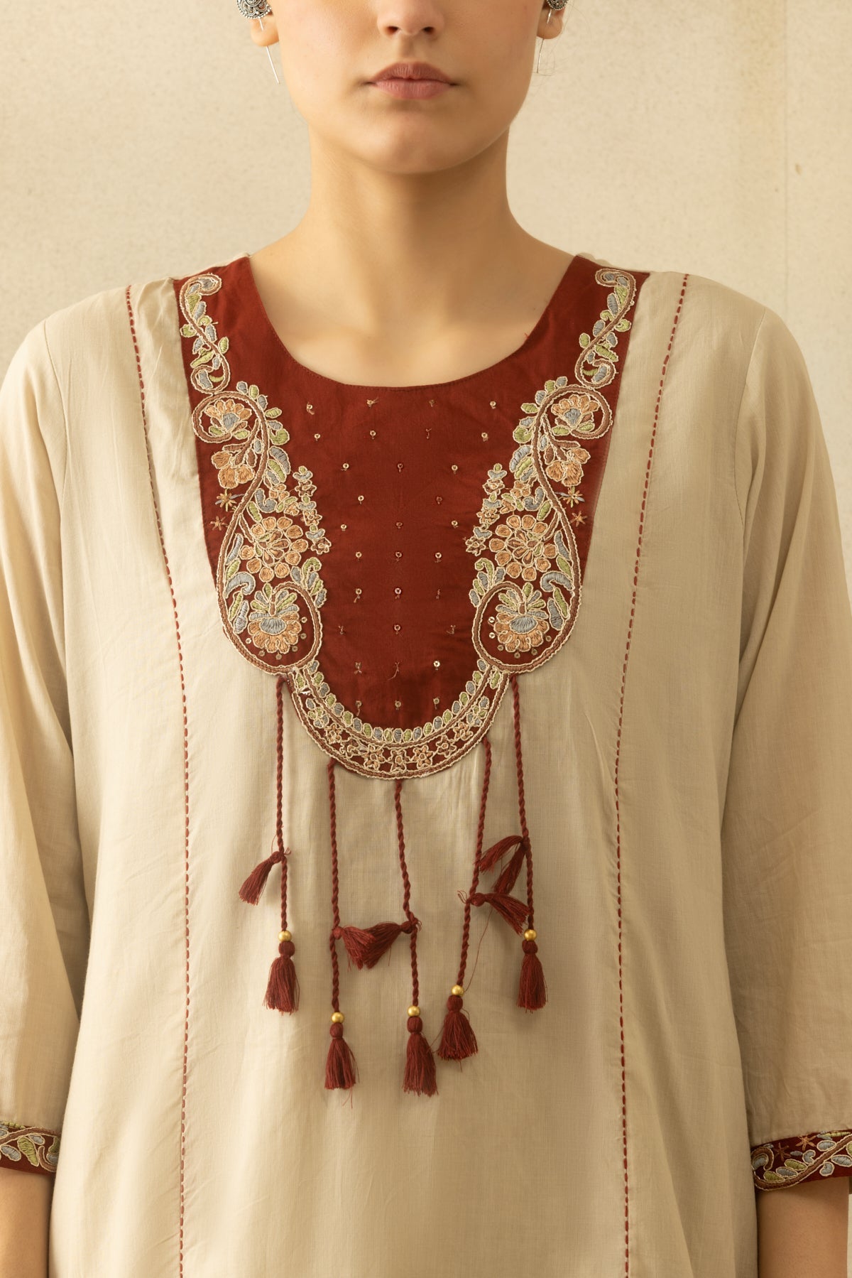 Beige Self Designed A-line Kurta 3 Pcs Set