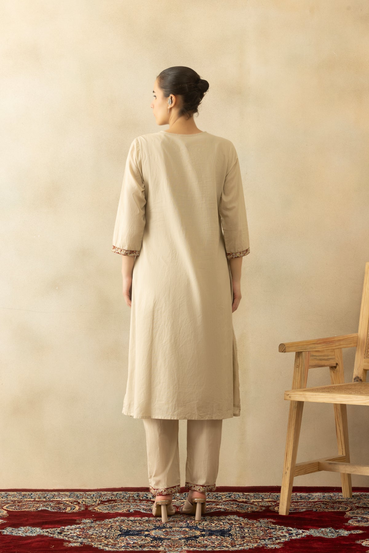 Beige Self Designed A-line Kurta 3 Pcs Set