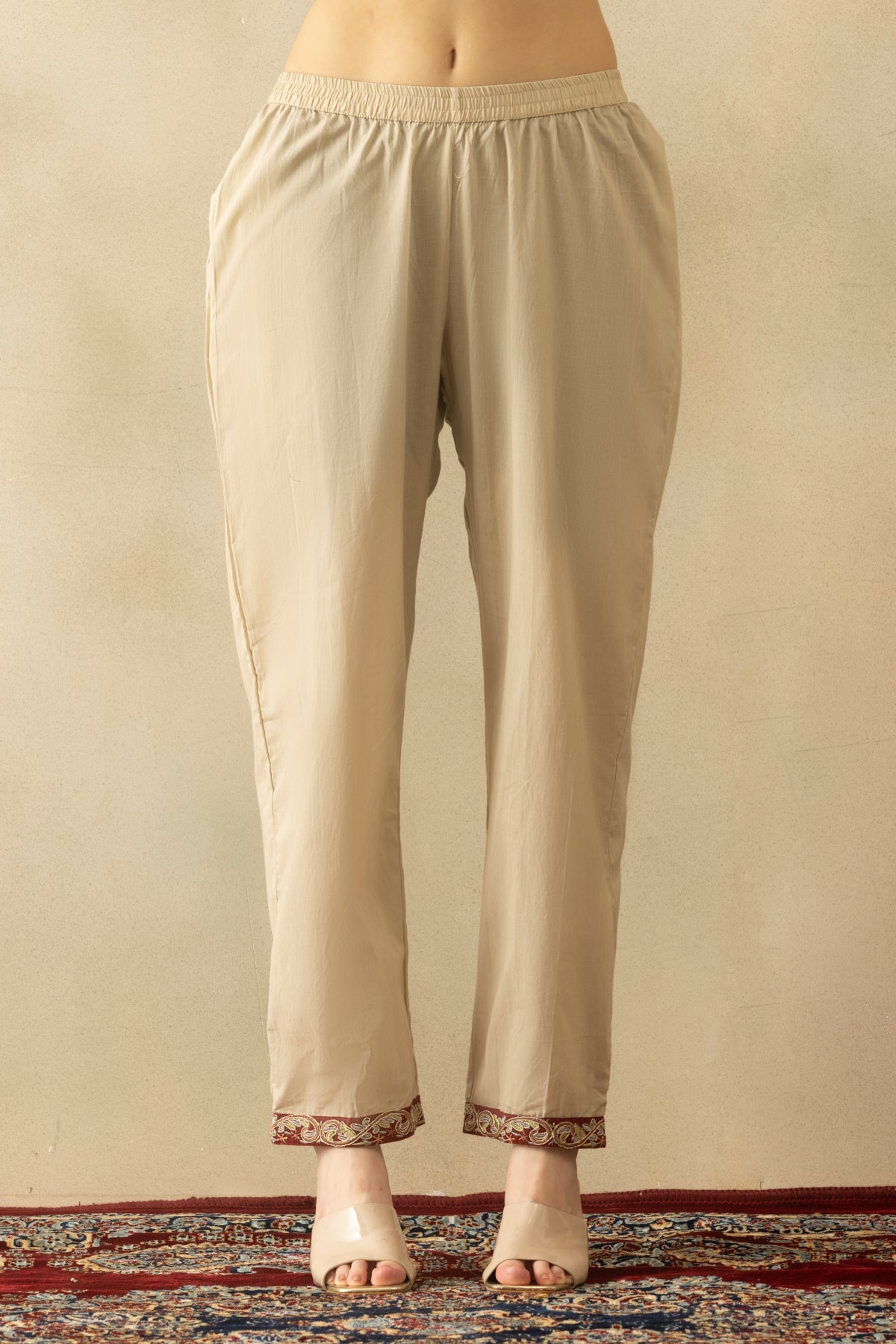 Beige Self Designed A-line Kurta 3 Pcs Set