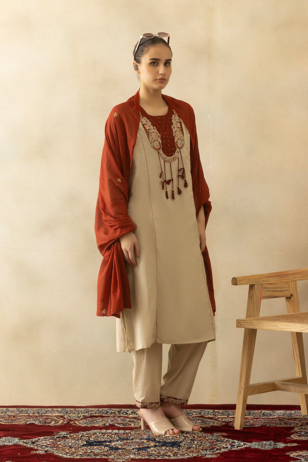 Beige Self Designed A-line Kurta 3 Pcs Set