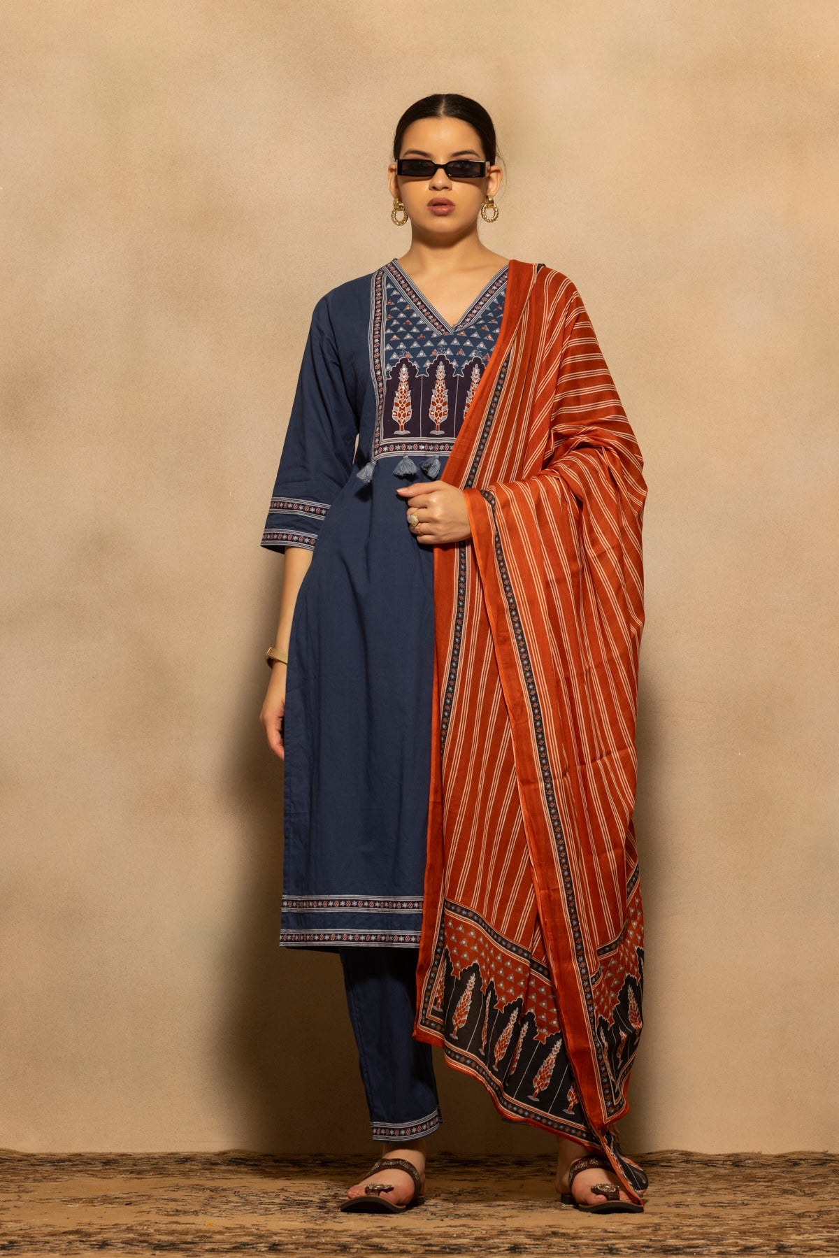 Blue Printed Kurta 3 Pcs Set
