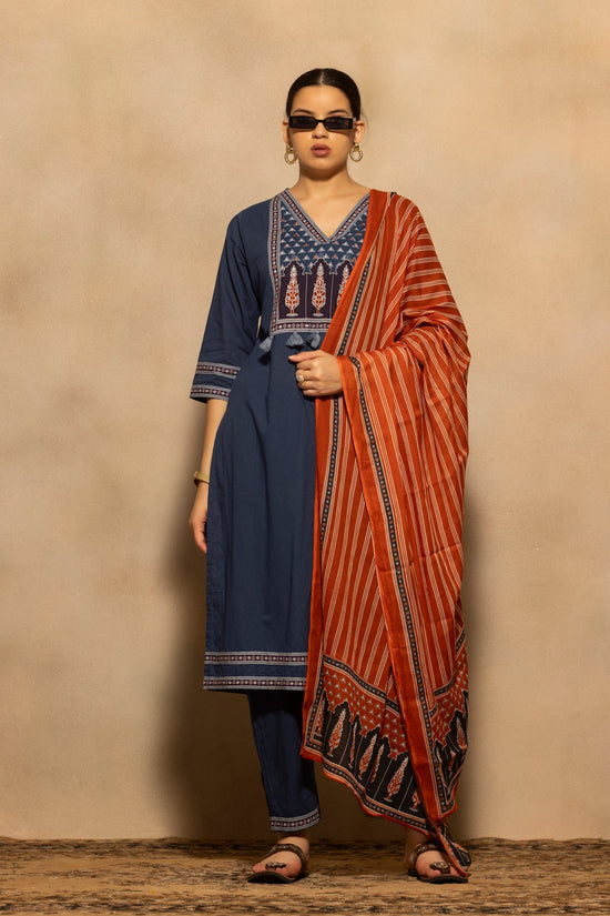 Blue Printed Kurta 3 Pcs Set