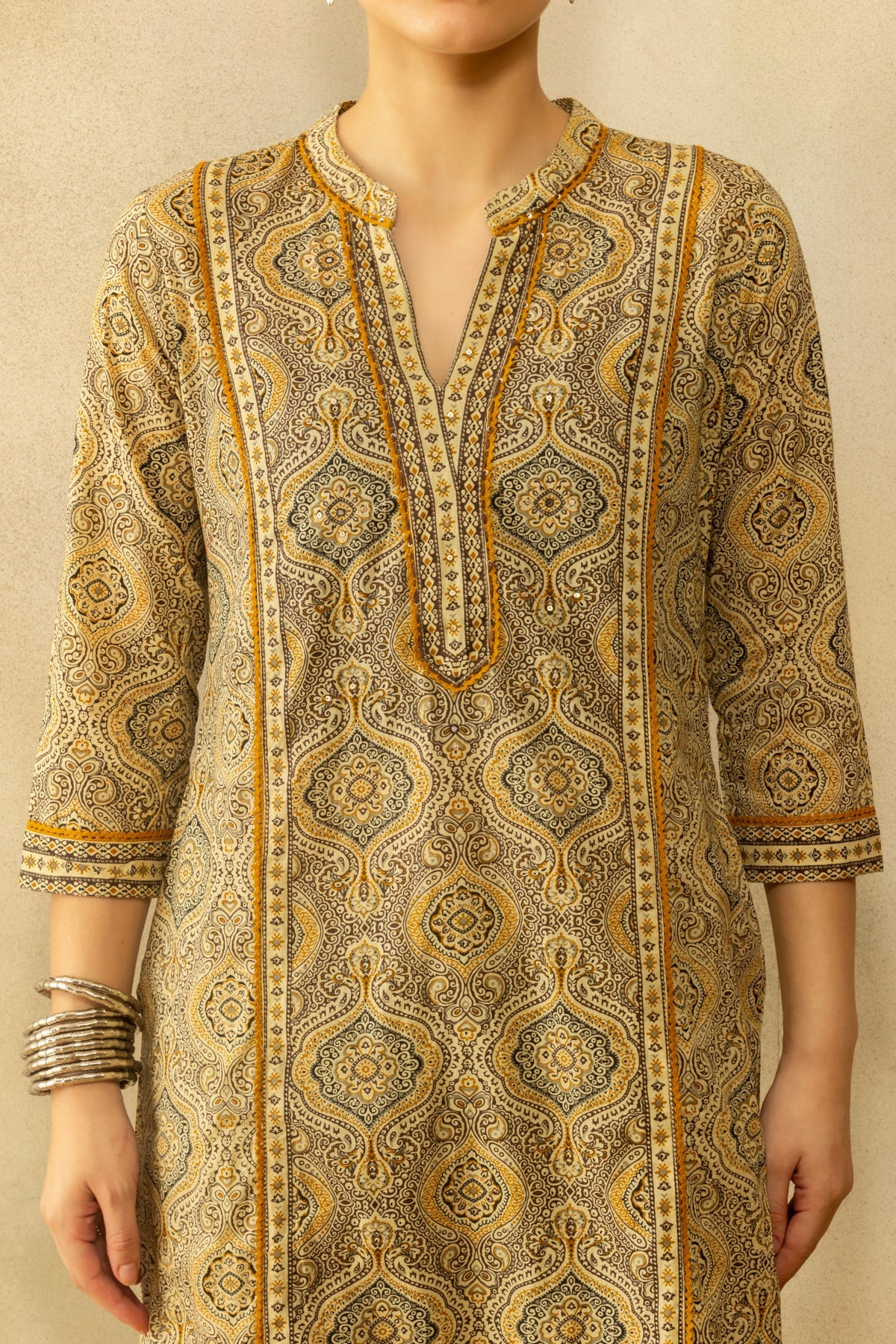 Beige Block Printed Kurta 2 Pcs Set