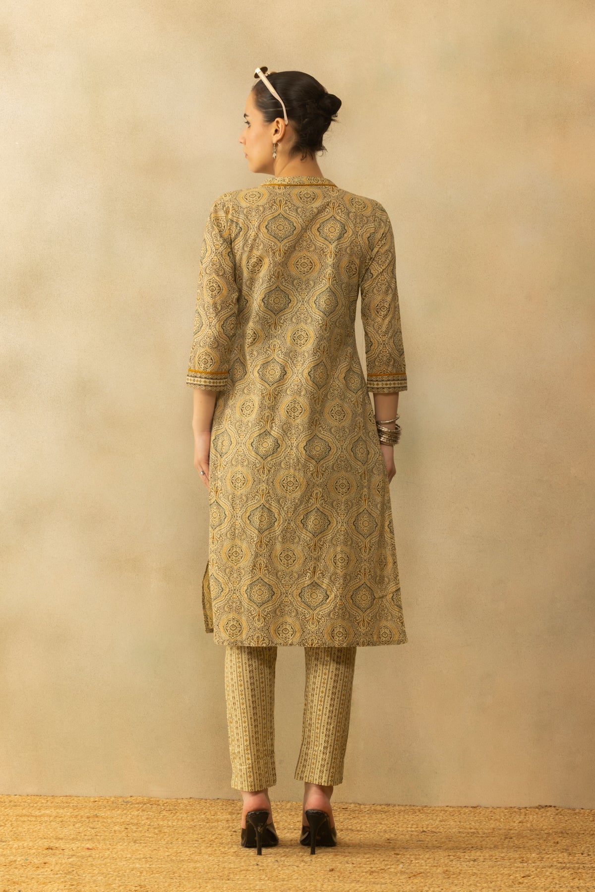 Beige Block Printed Kurta 2 Pcs Set