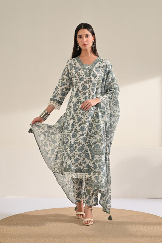 White Floral Printed Kurta 3 Pcs Set