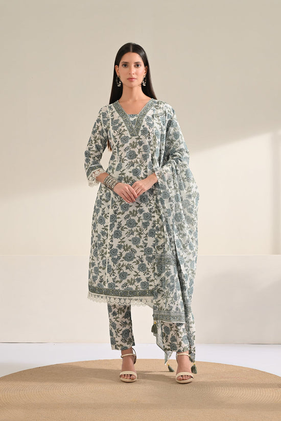 White Floral Printed Kurta 3 Pcs Set