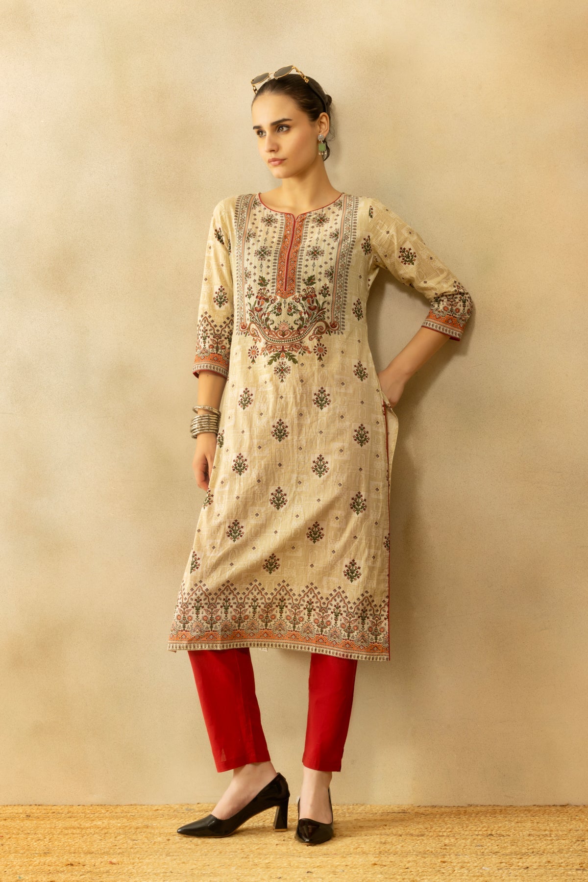 Beige Printed Kurta 2 Pcs Set
