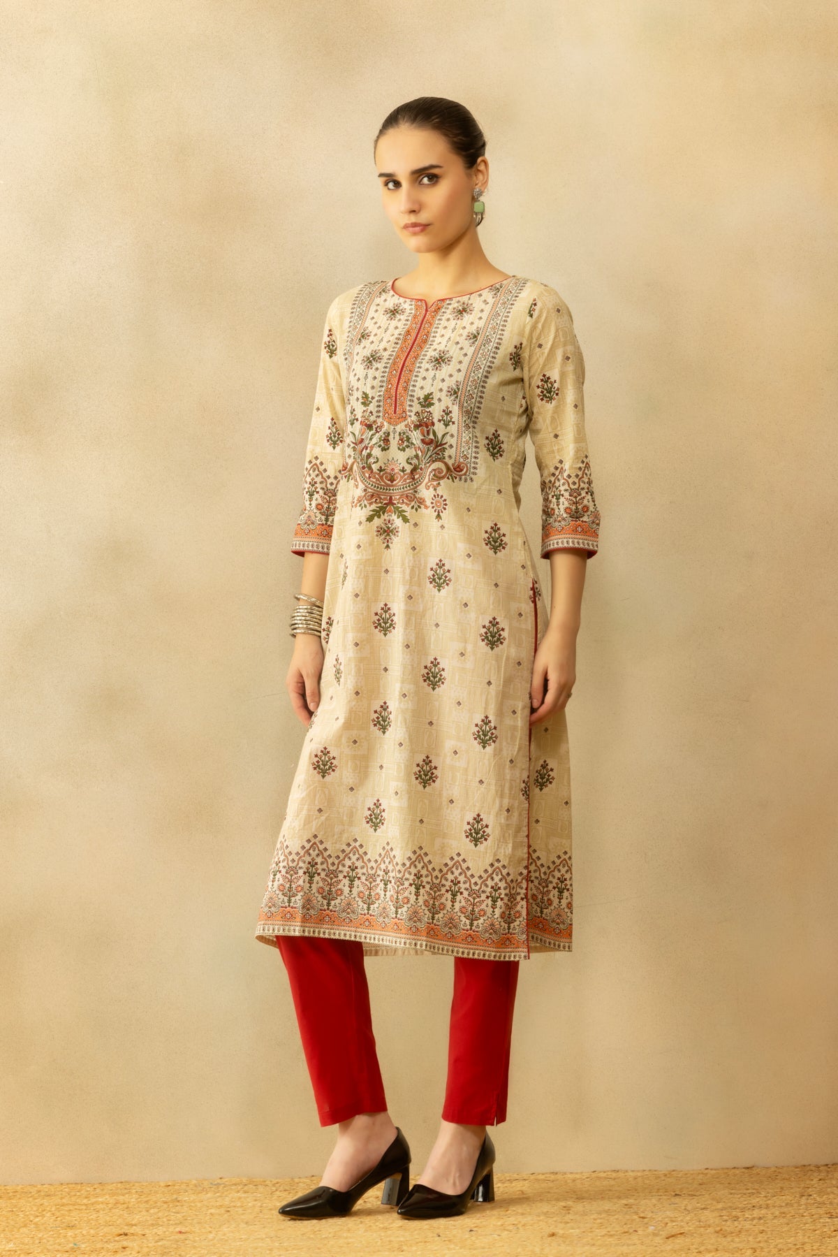 Beige Printed Kurta 2 Pcs Set