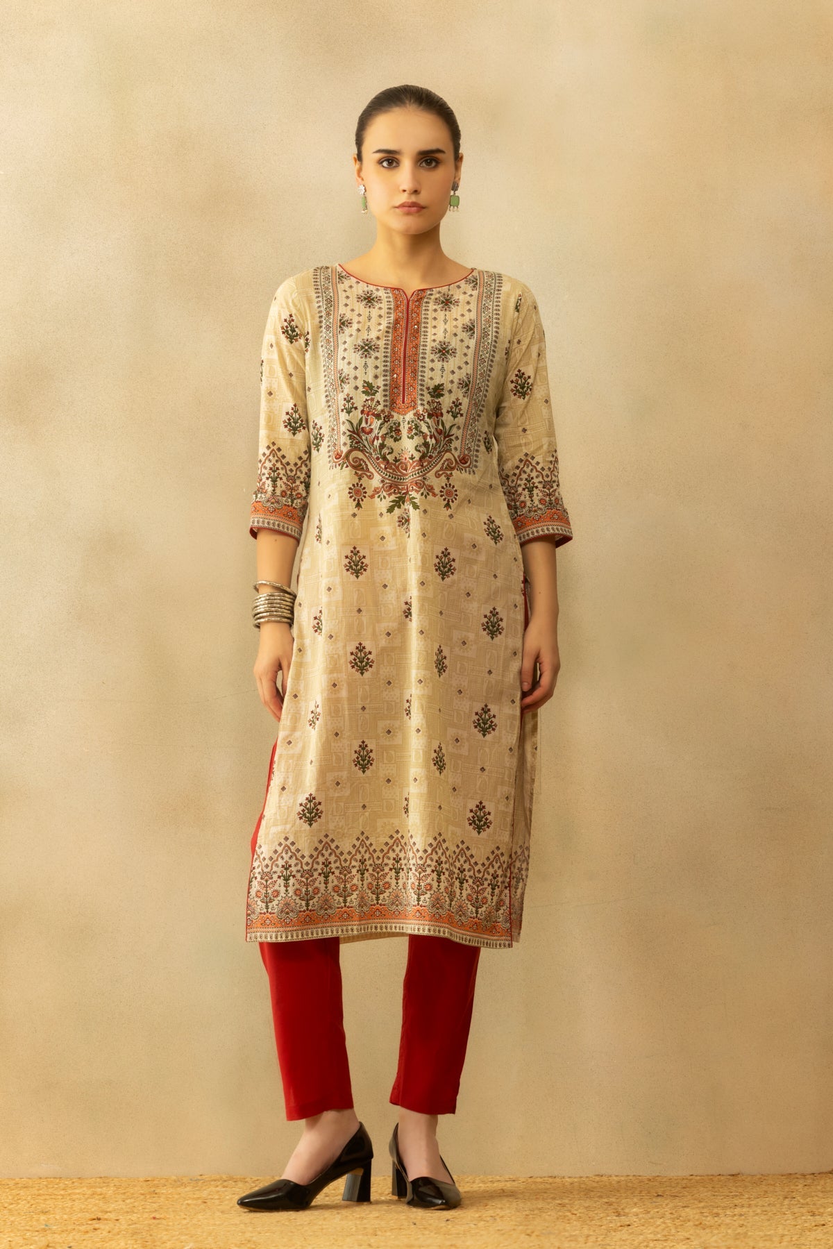 Beige Printed Kurta 2 Pcs Set