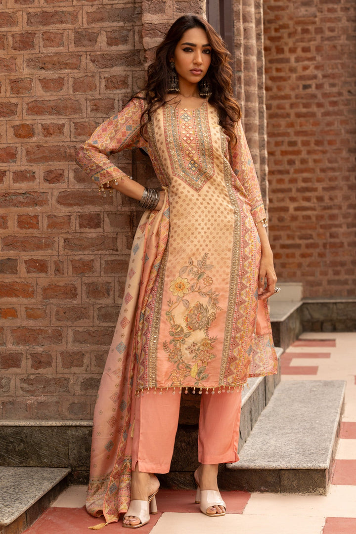 Pink Stone Embellished Printed Kurta 3 Pcs Set