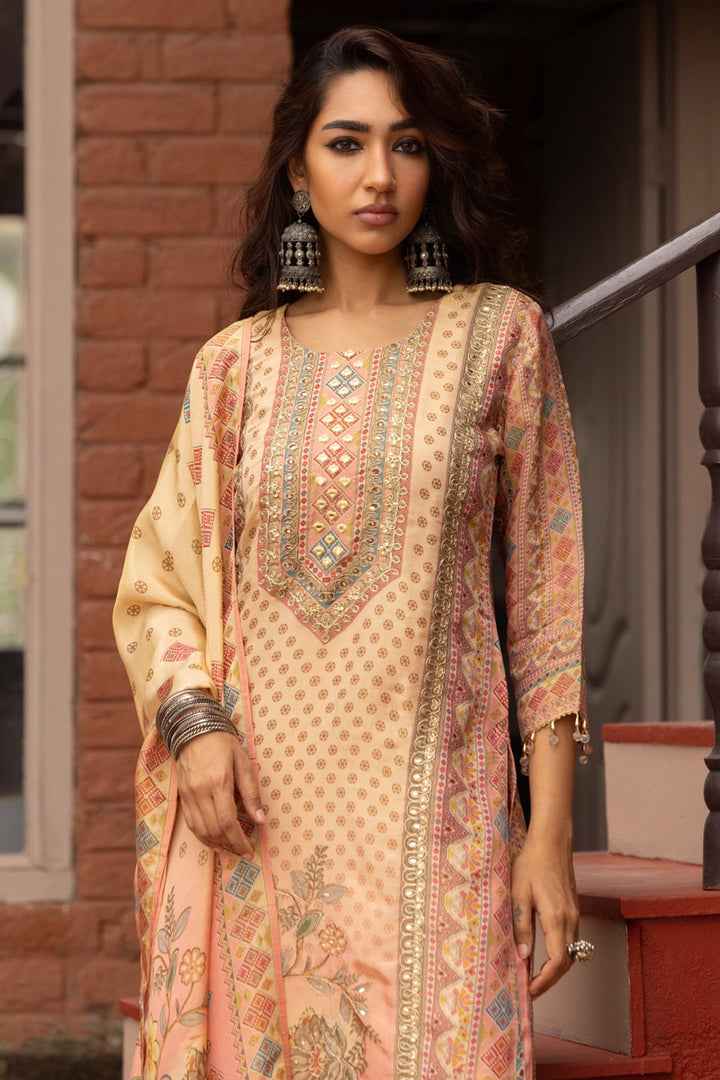 Pink Stone Embellished Printed Kurta 3 Pcs Set