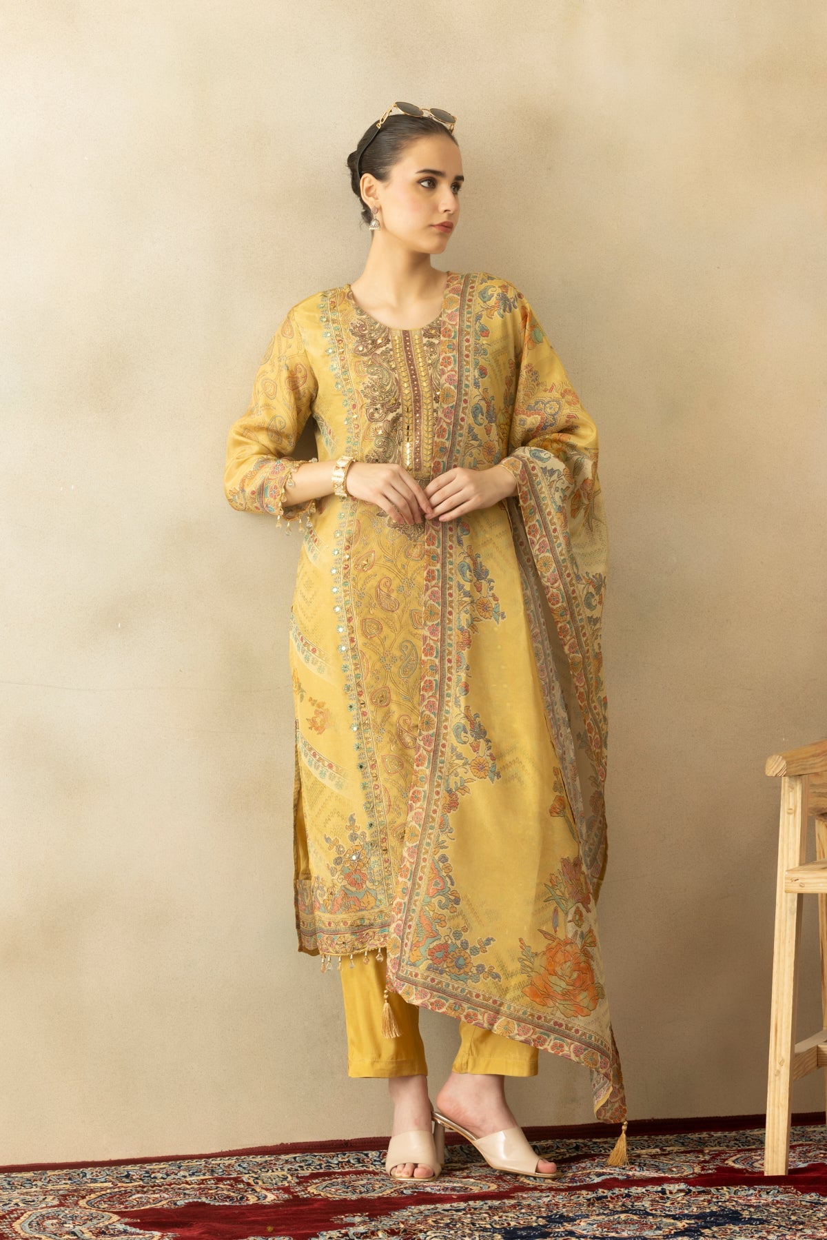 Beige Embellished 3 Pcs Kurta Set