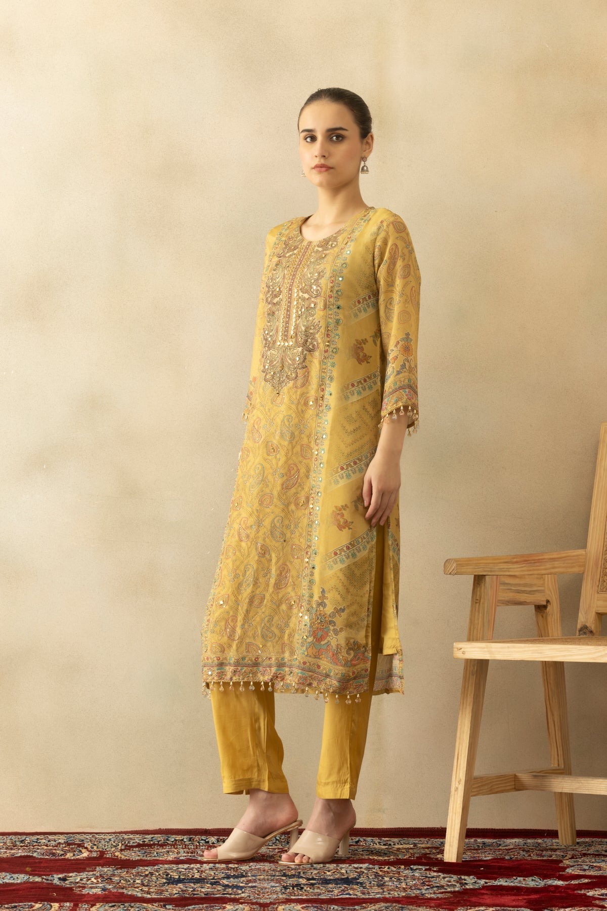 Beige Embellished 3 Pcs Kurta Set
