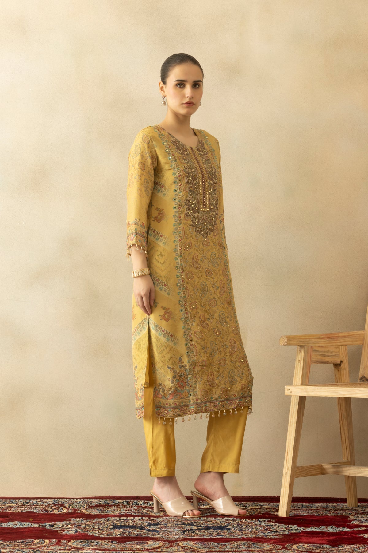 Beige Embellished 3 Pcs Kurta Set