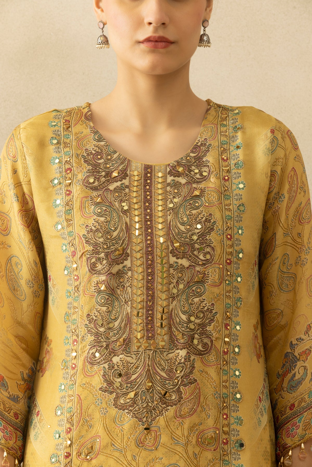Beige Embellished 3 Pcs Kurta Set