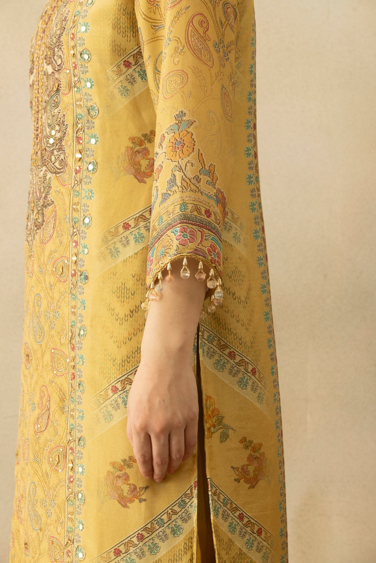 Beige Embellished 3 Pcs Kurta Set