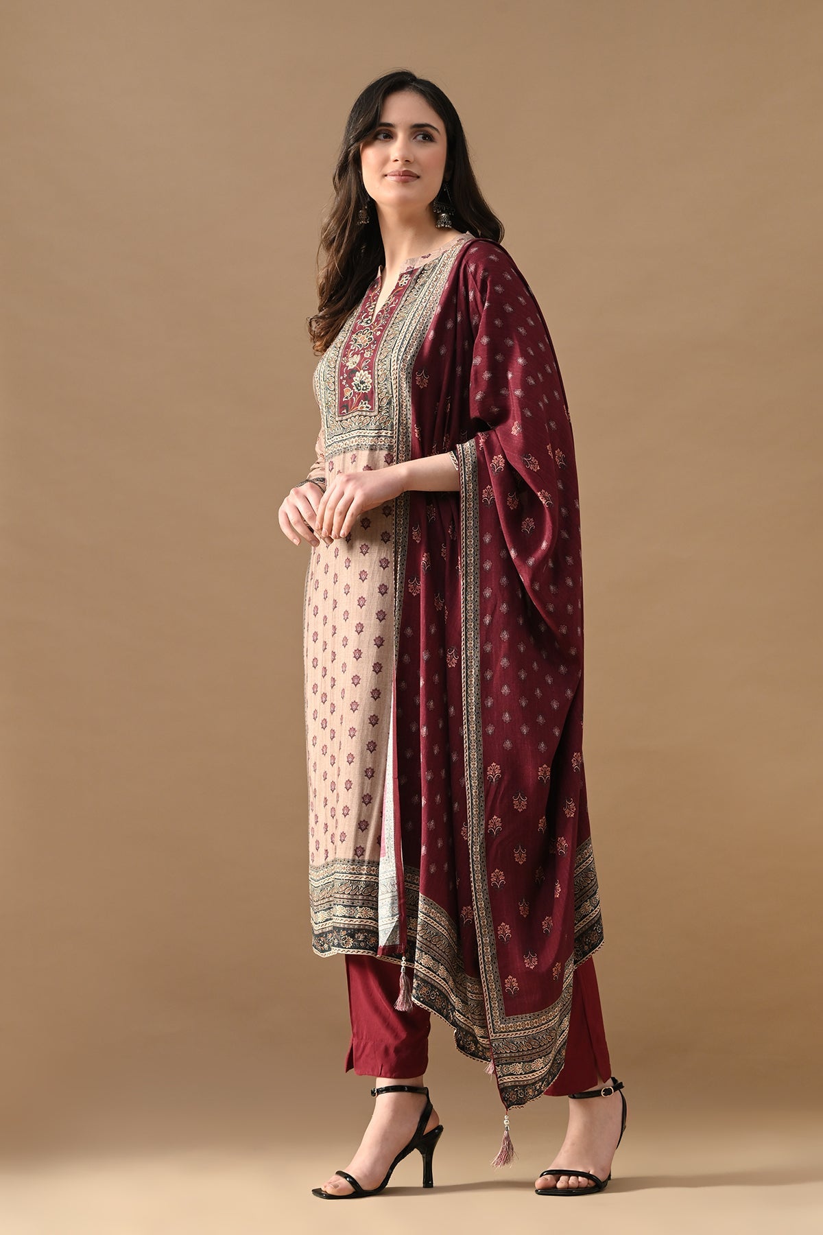 Beige Printed Kurta 3 Pcs Set