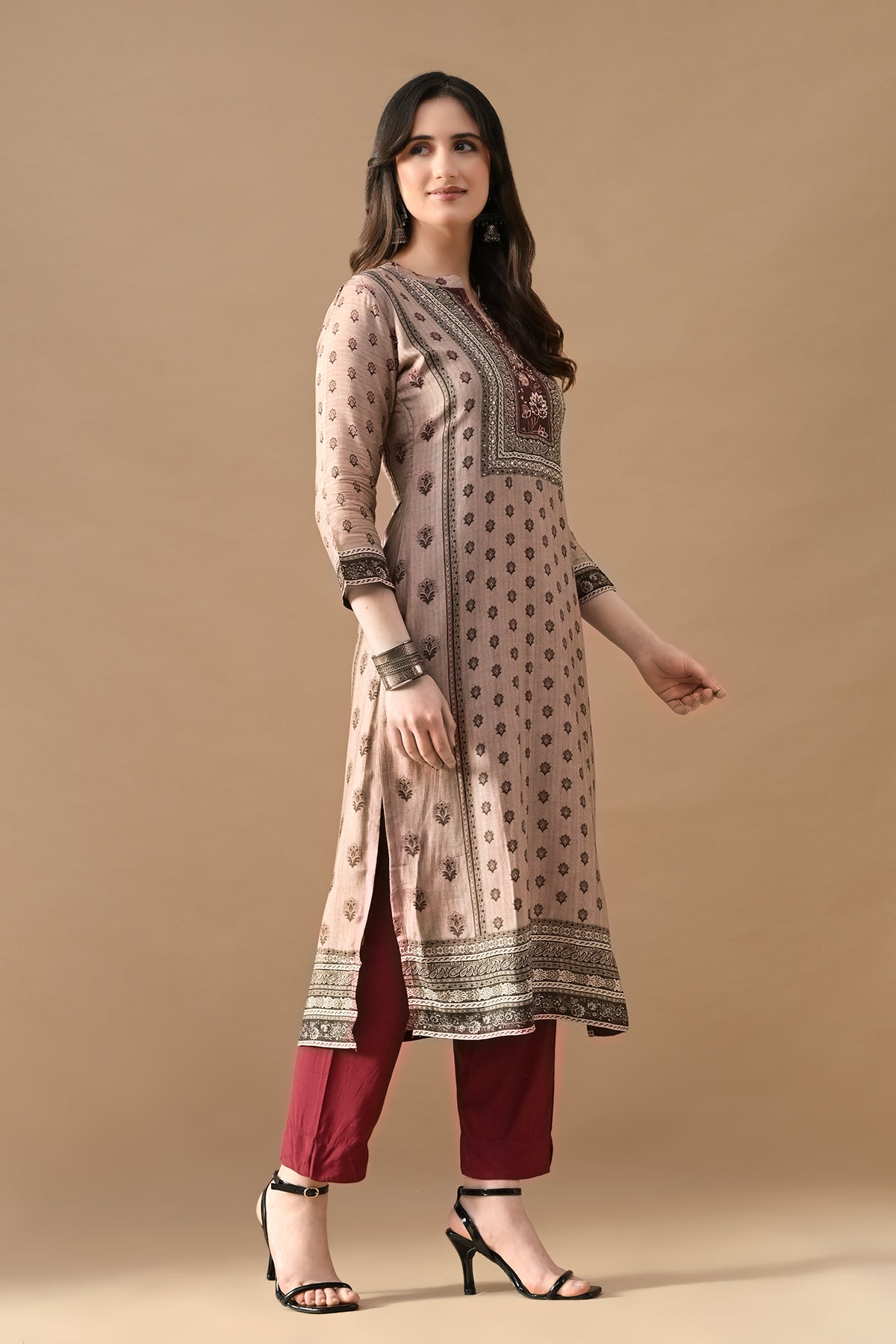 Beige Printed Kurta 3 Pcs Set
