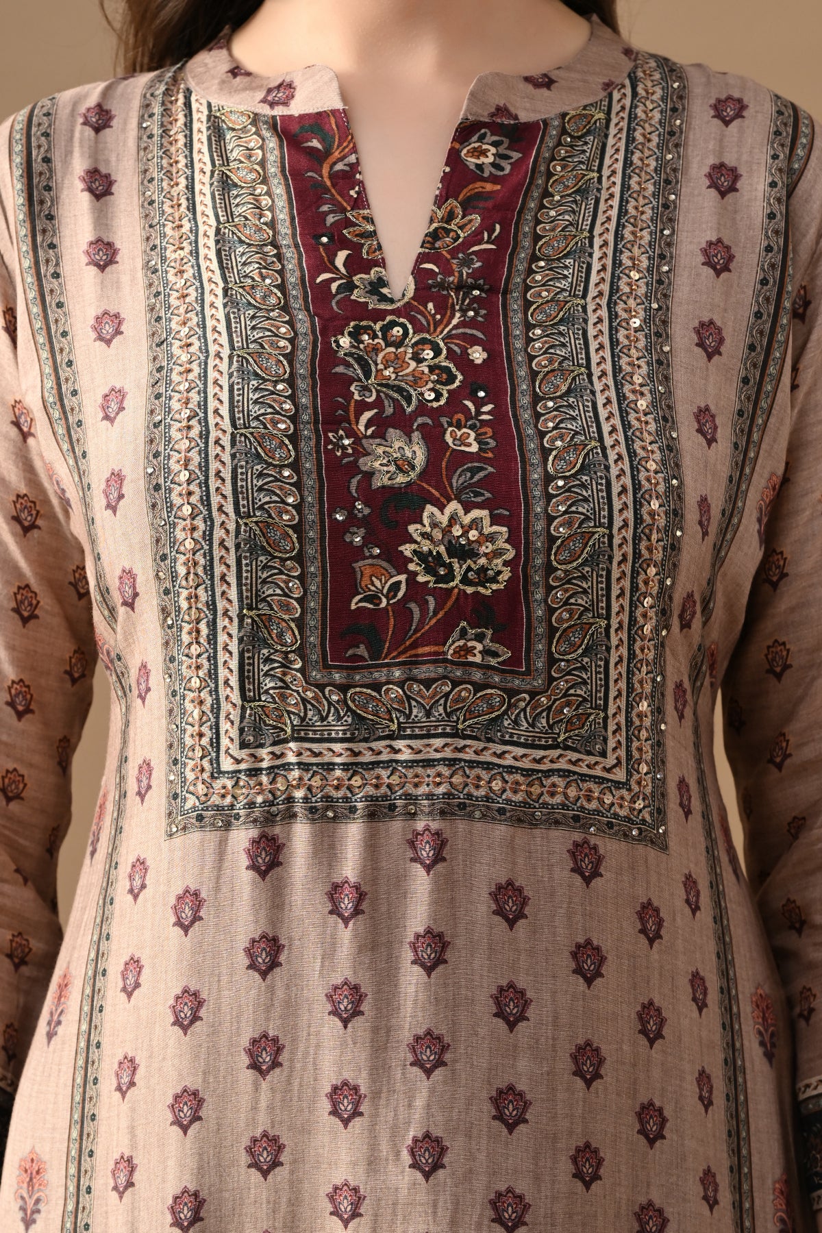 Beige Printed Kurta 3 Pcs Set