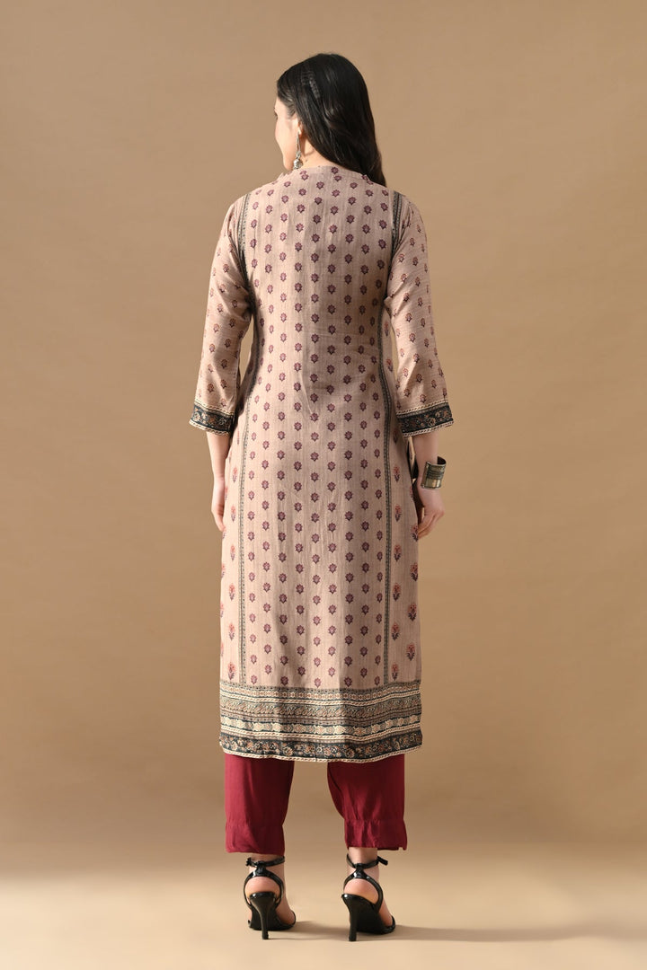 Beige Printed Kurta 3 Pcs Set