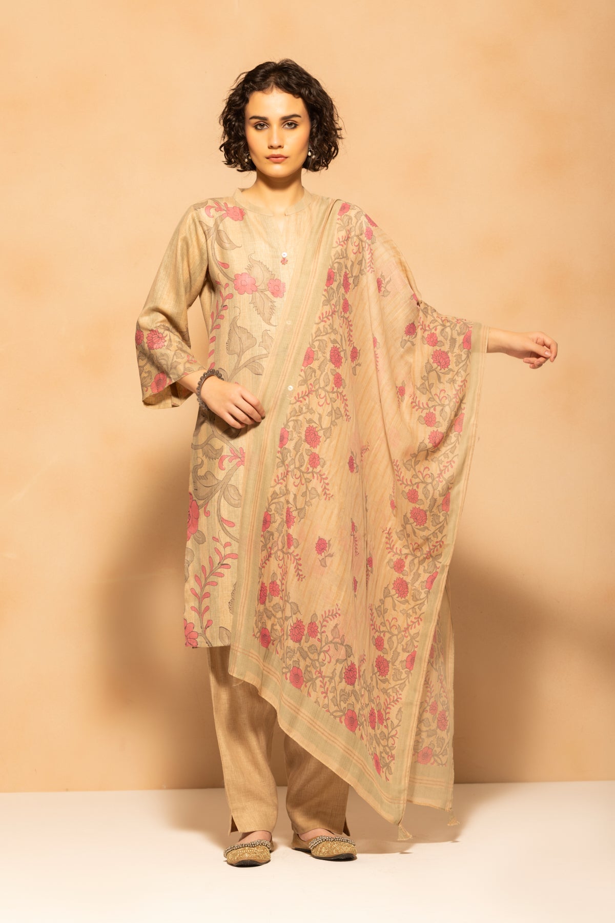 Beige Printed Kurta 3 Pcs Set
