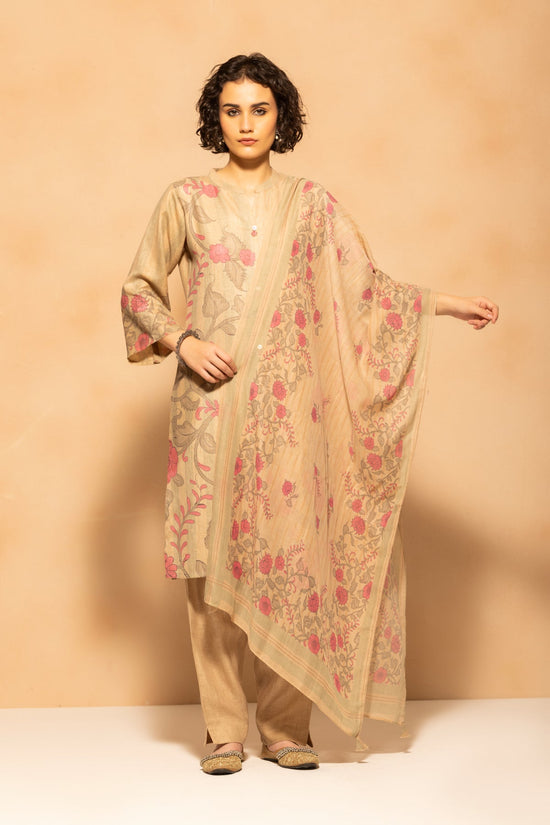 Beige Printed Kurta 3 Pcs Set