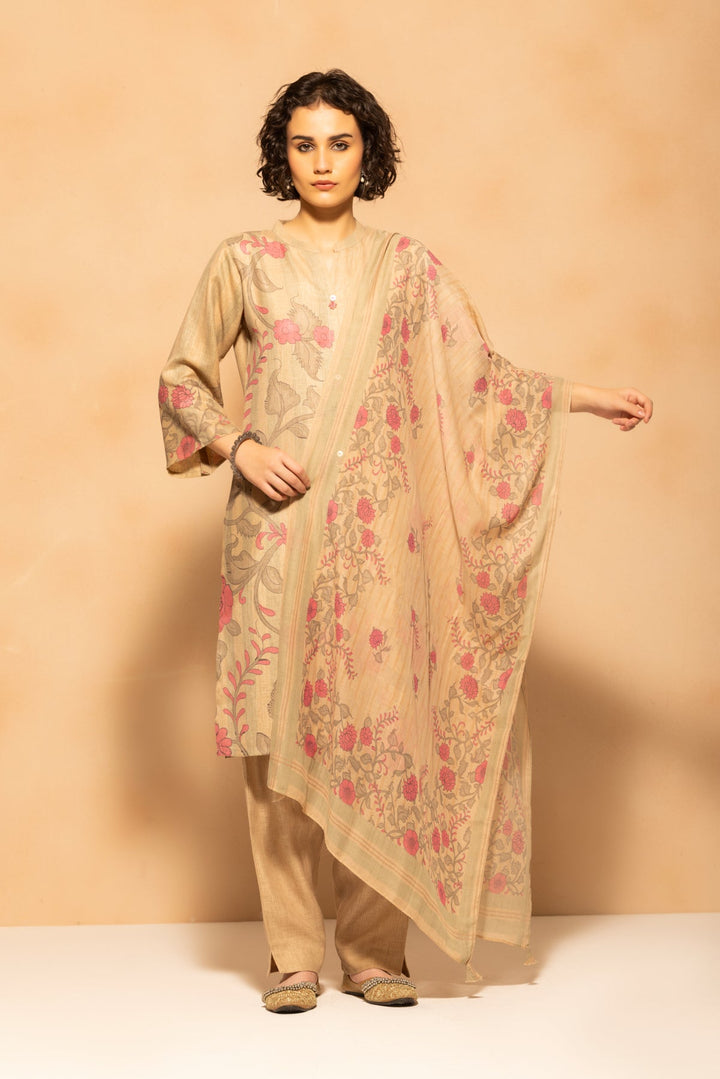 Beige Printed Kurta 3 Pcs Set