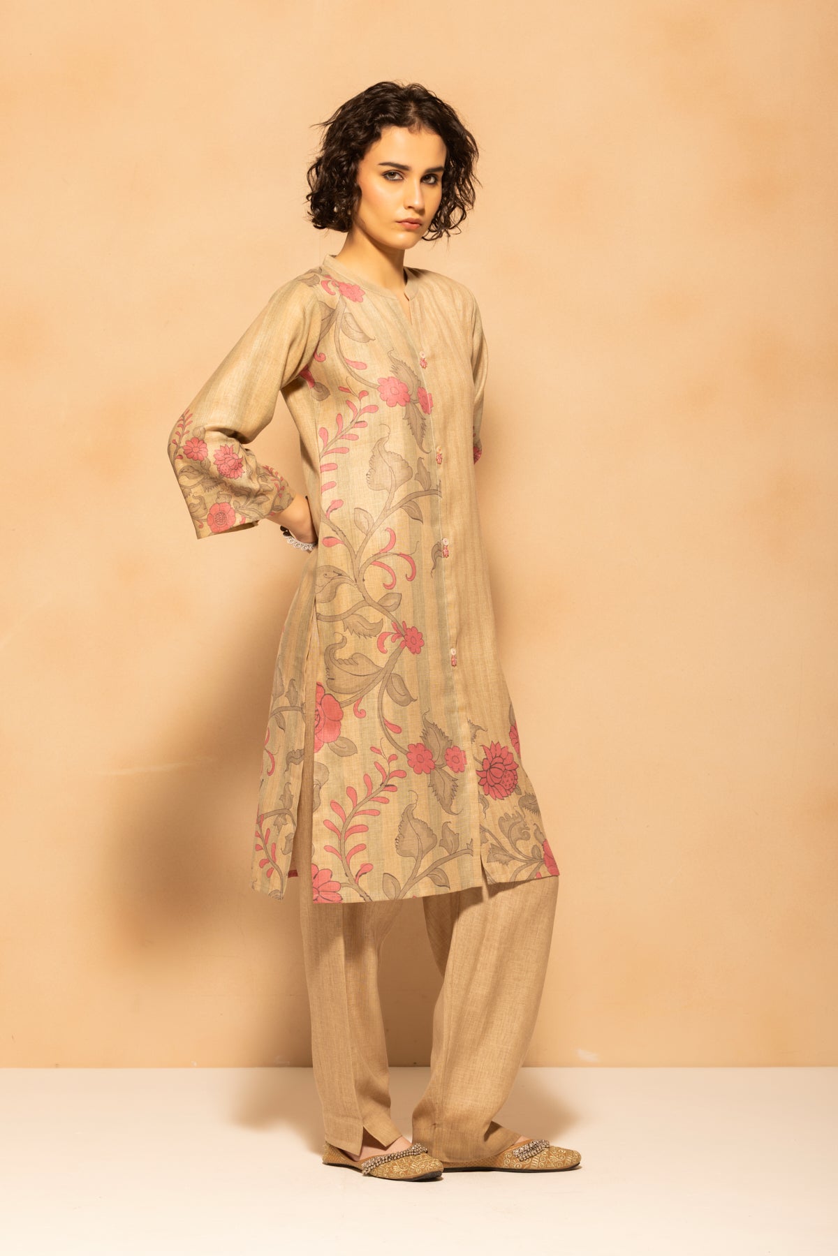 Beige Printed Kurta 3 Pcs Set