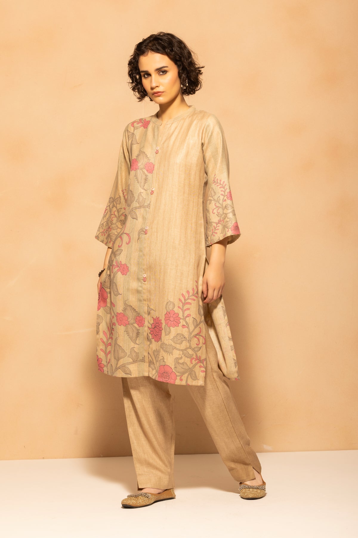 Beige Printed Kurta 3 Pcs Set