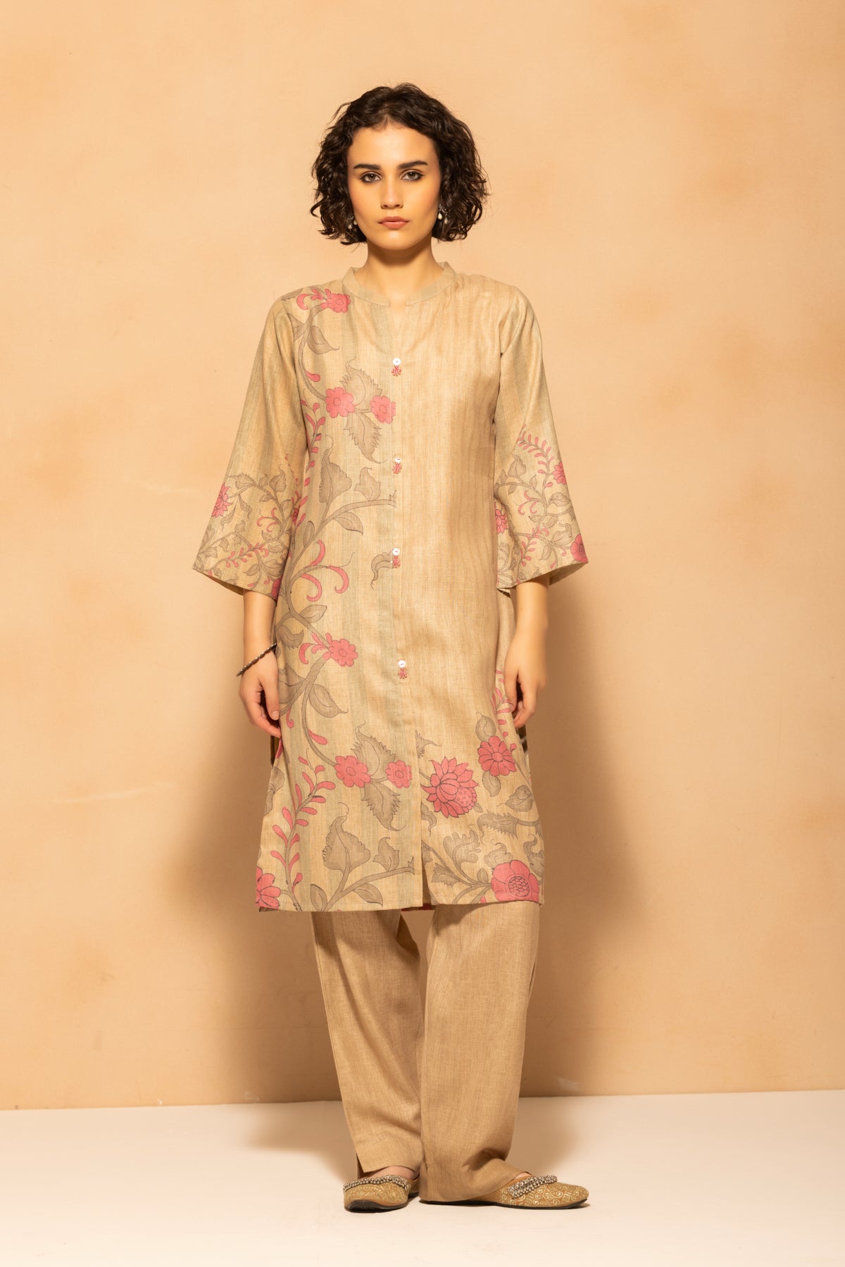 Beige Printed Kurta 3 Pcs Set