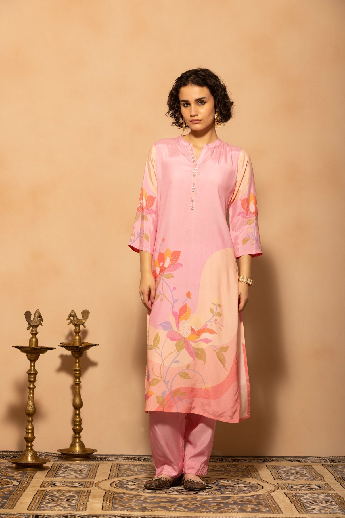 Light Pink Printed Kurta 3 Pcs Set
