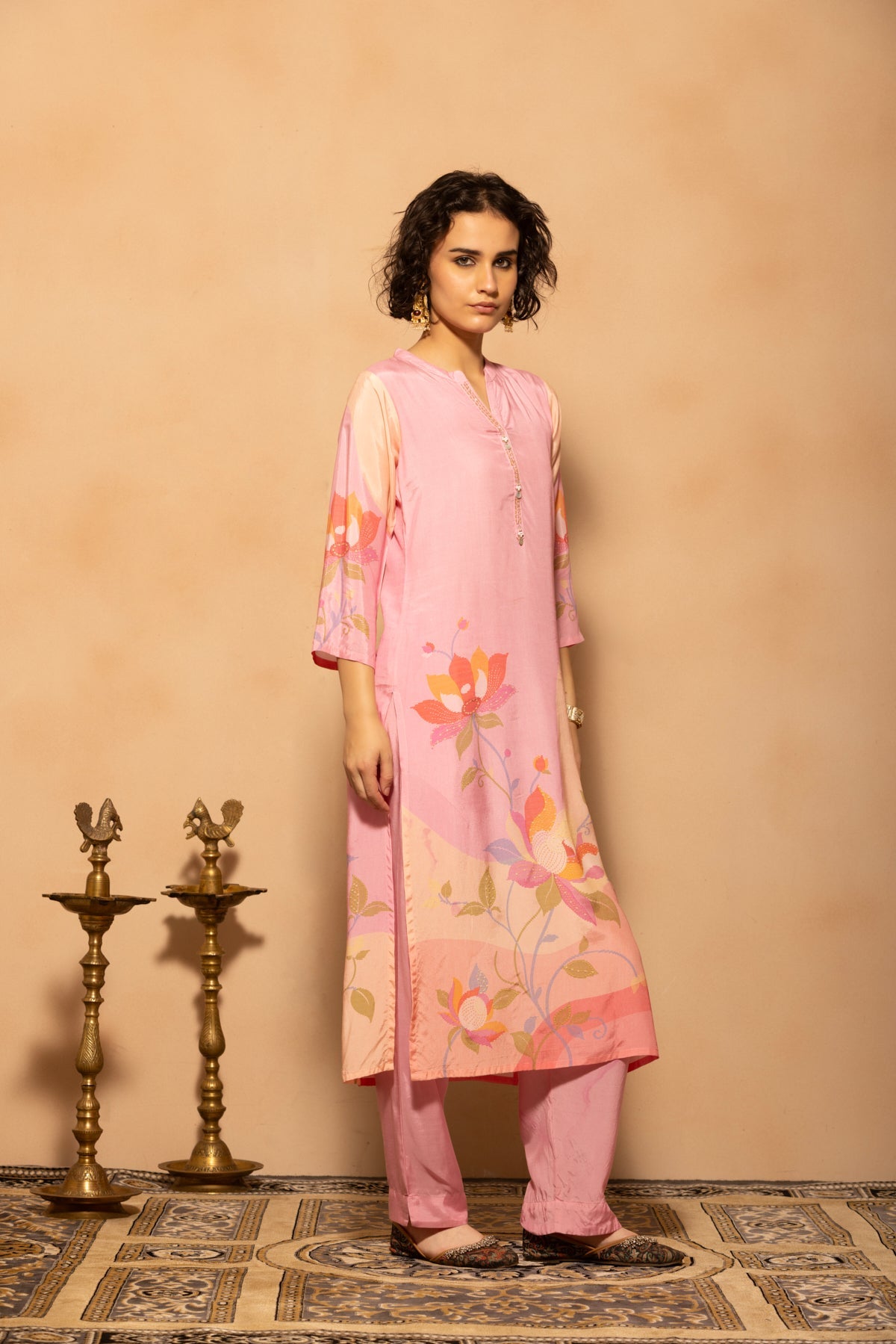 Light Pink Printed Kurta 3 Pcs Set