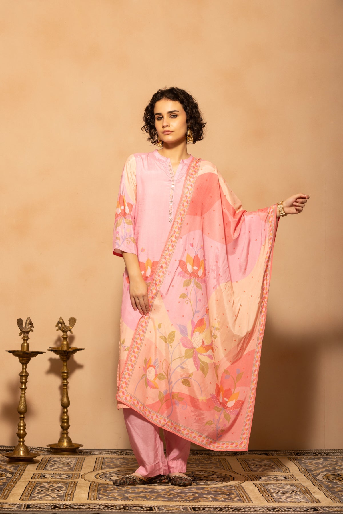 Light Pink Printed Kurta 3 Pcs Set