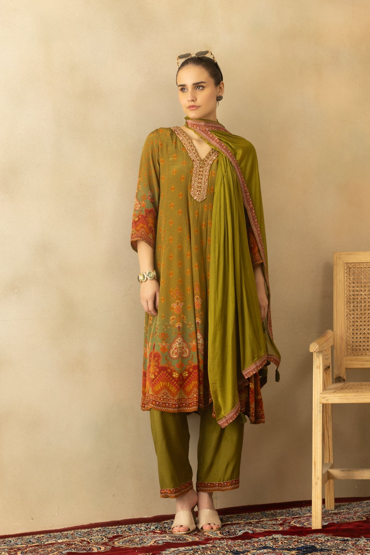 Green Flared Printed Kurta 3 Pcs Set