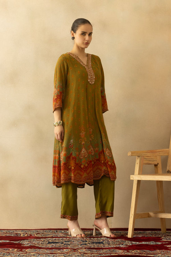 Green Flared Printed Kurta 3 Pcs Set