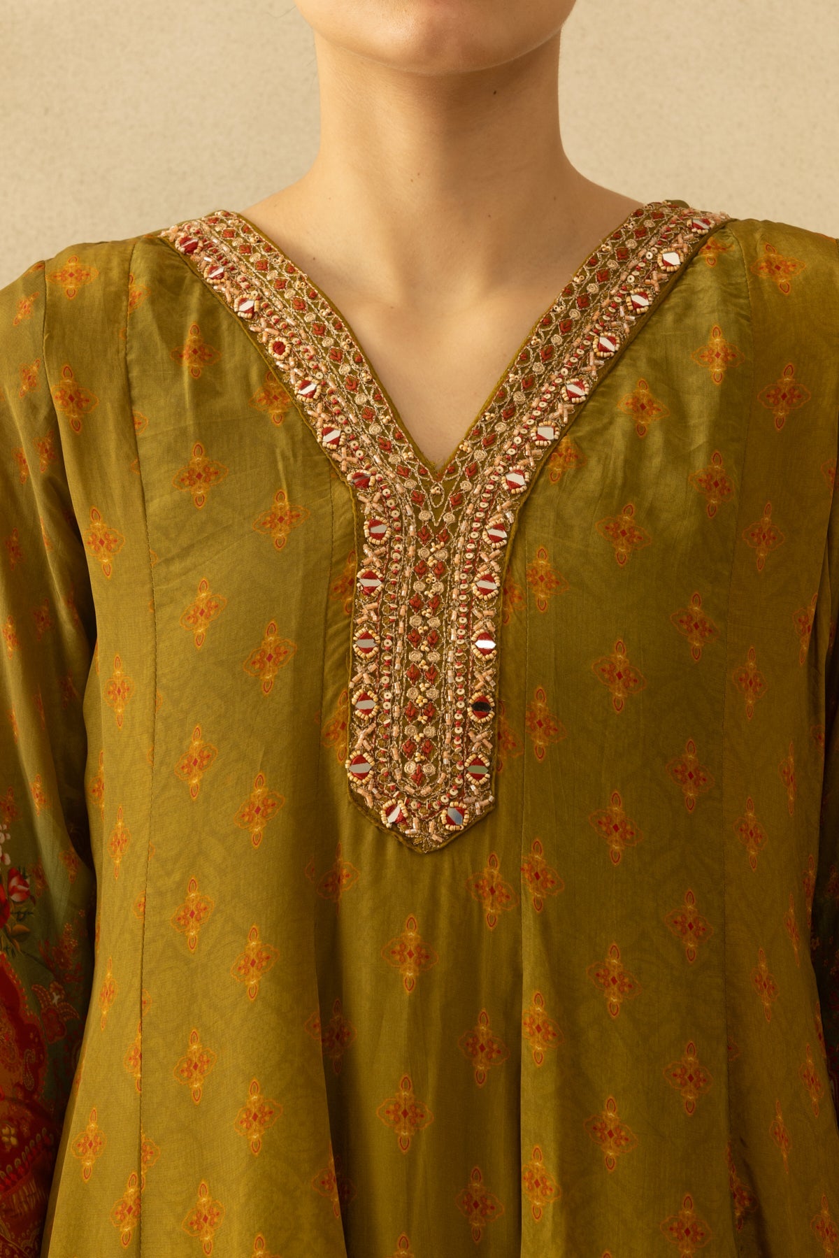 Green Flared Printed Kurta 3 Pcs Set